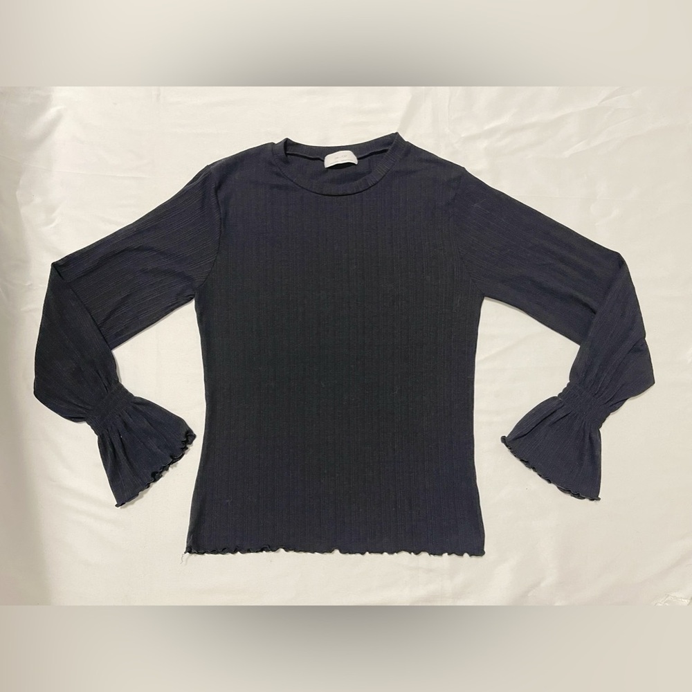 OAK + FORT Ribbed Jersey Top with Ruffled Sleeves